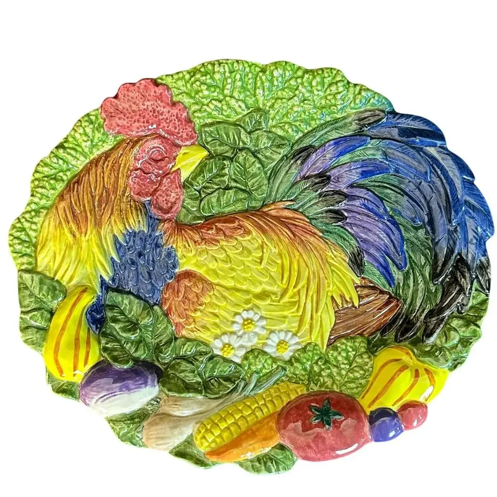 Fitz and Floyd 1996 Vibrant Colorful 'Coq du Village' Majolica Rooster Plate